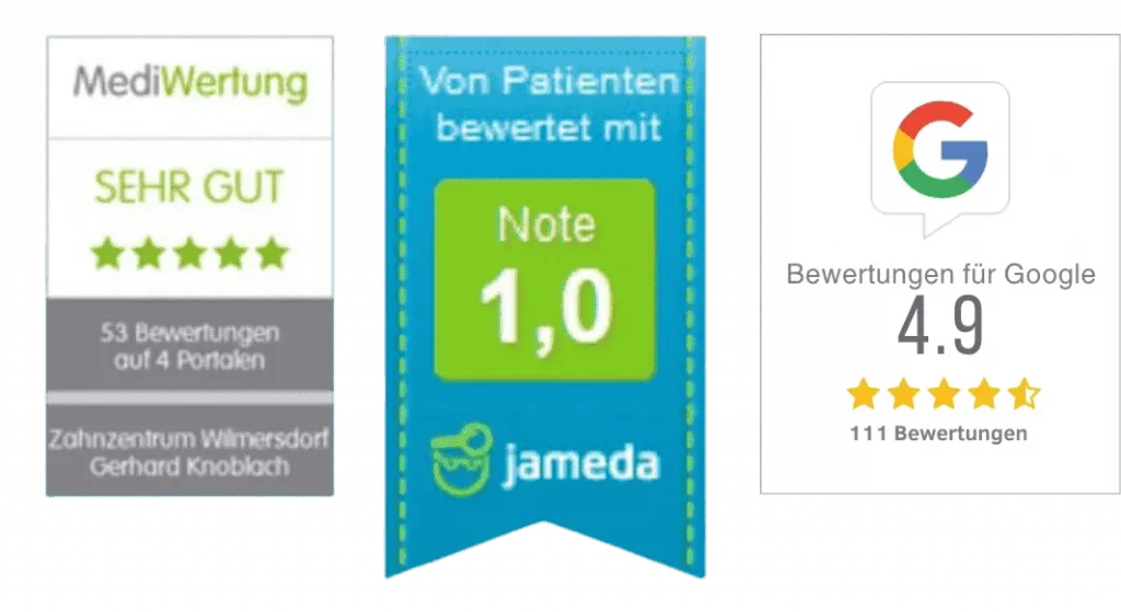Bewertungen Zahnzentrum Wilmersdorf – Zahnarzt Berlin Wilmersdorf mit Note 1,0 bei Jameda, 4,9 Sternen auf Google und „Sehr gut“ bei MediWertung